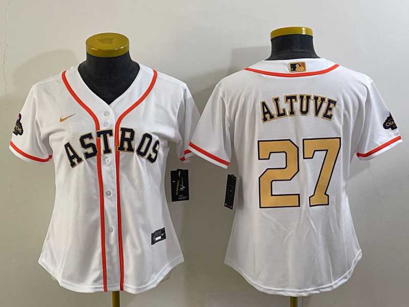 Womens Houston Astros #27 Jose Altuve 2023 White Gold World Serise Champions Patch Cool Base Stitched Jersey
